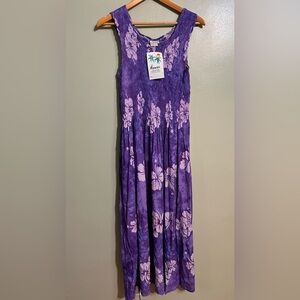 Hawaiian Tropical Fashion Purple Floral Sleeveless Dress Smocked Midi OS NWT